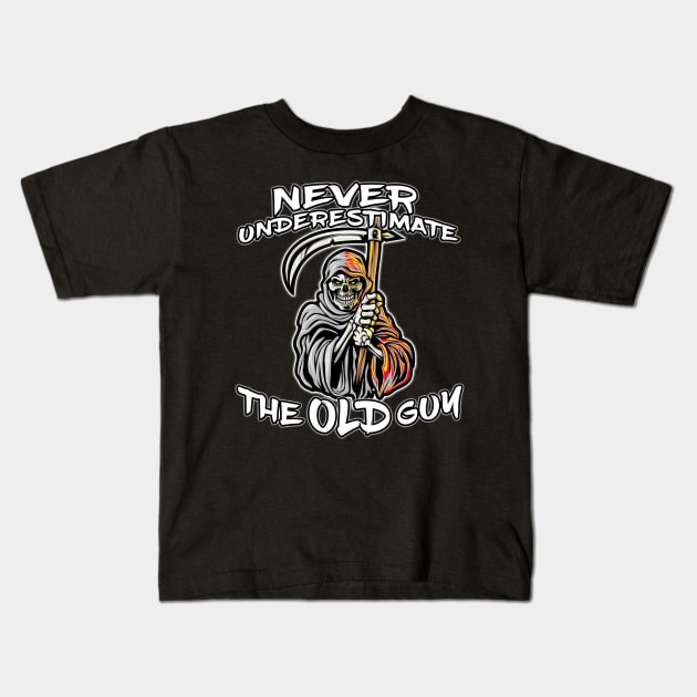 Never Underestimate The Old Guy Reaper White Kids T-Shirt by Shawnsonart